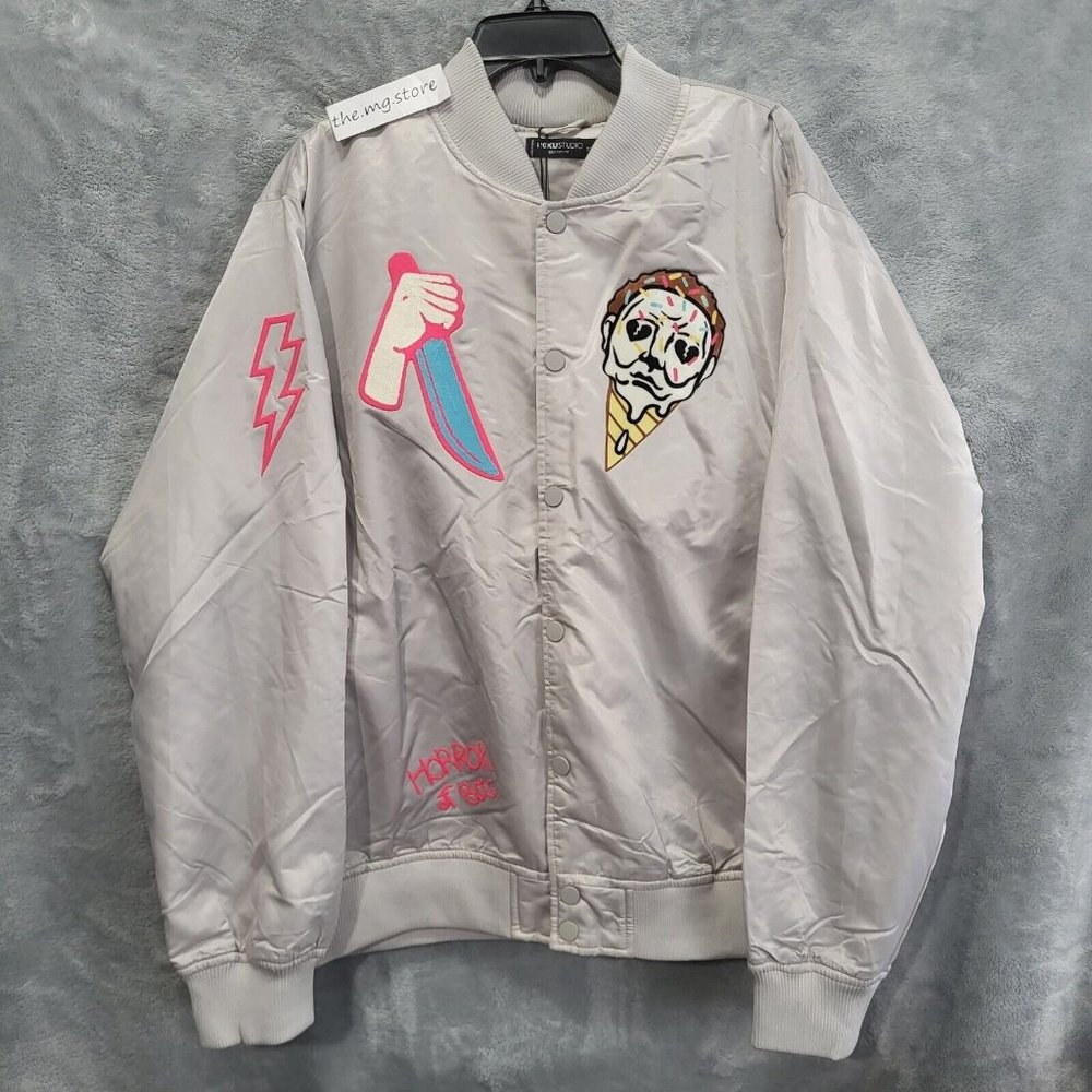 Roku Studio 'Ice Scream' Gray Satin Bomber Jacket Sz 3XL / 2XL, Runs Small